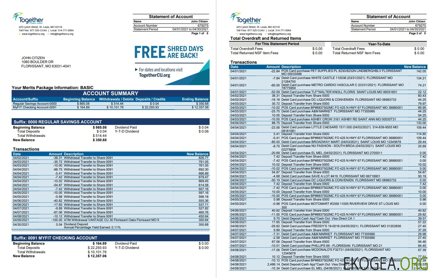 USA Missouri Together Credit Union banque mot 6 pages